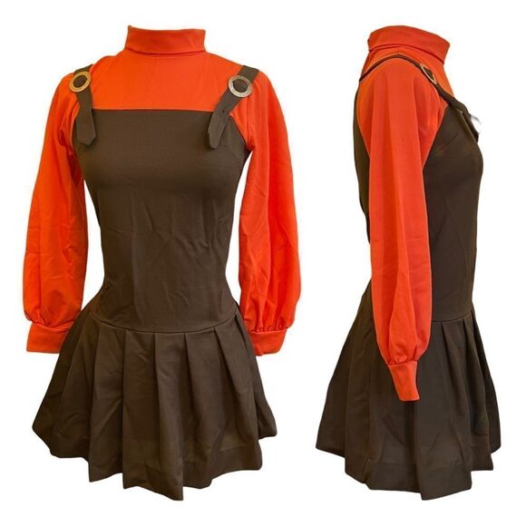 Vintage 1960s Unique Mock Neck Pinafore Twofer Pleated Balloon Gogo Dress - Picture 1 of 11